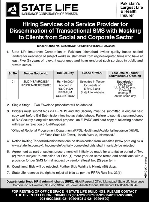 Satet Life Insurance Corporation of Pakistan Karachi Tender Notice